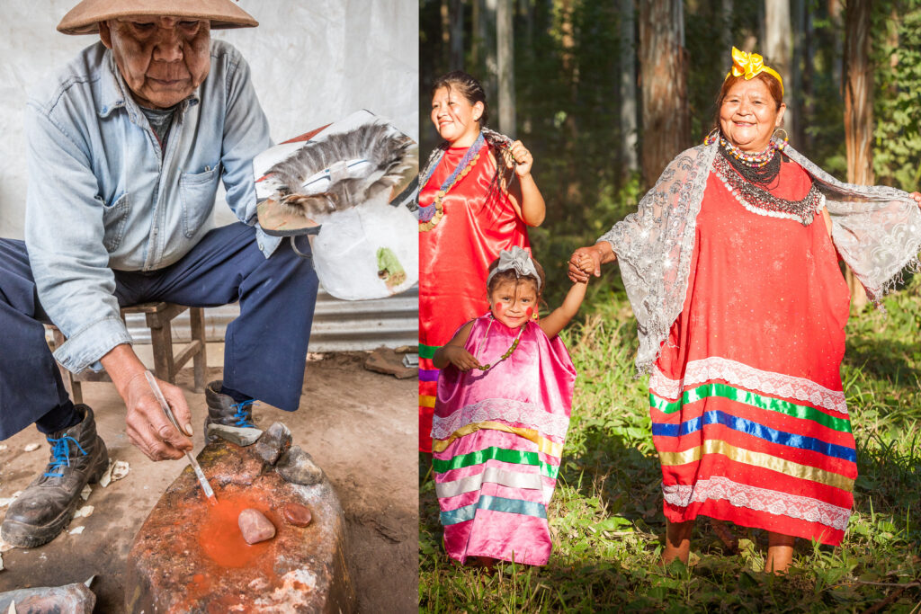 Descendientes de los Pueblos de la Región Chaqueña: Pintando una mascara y con vestuario de su baile típico