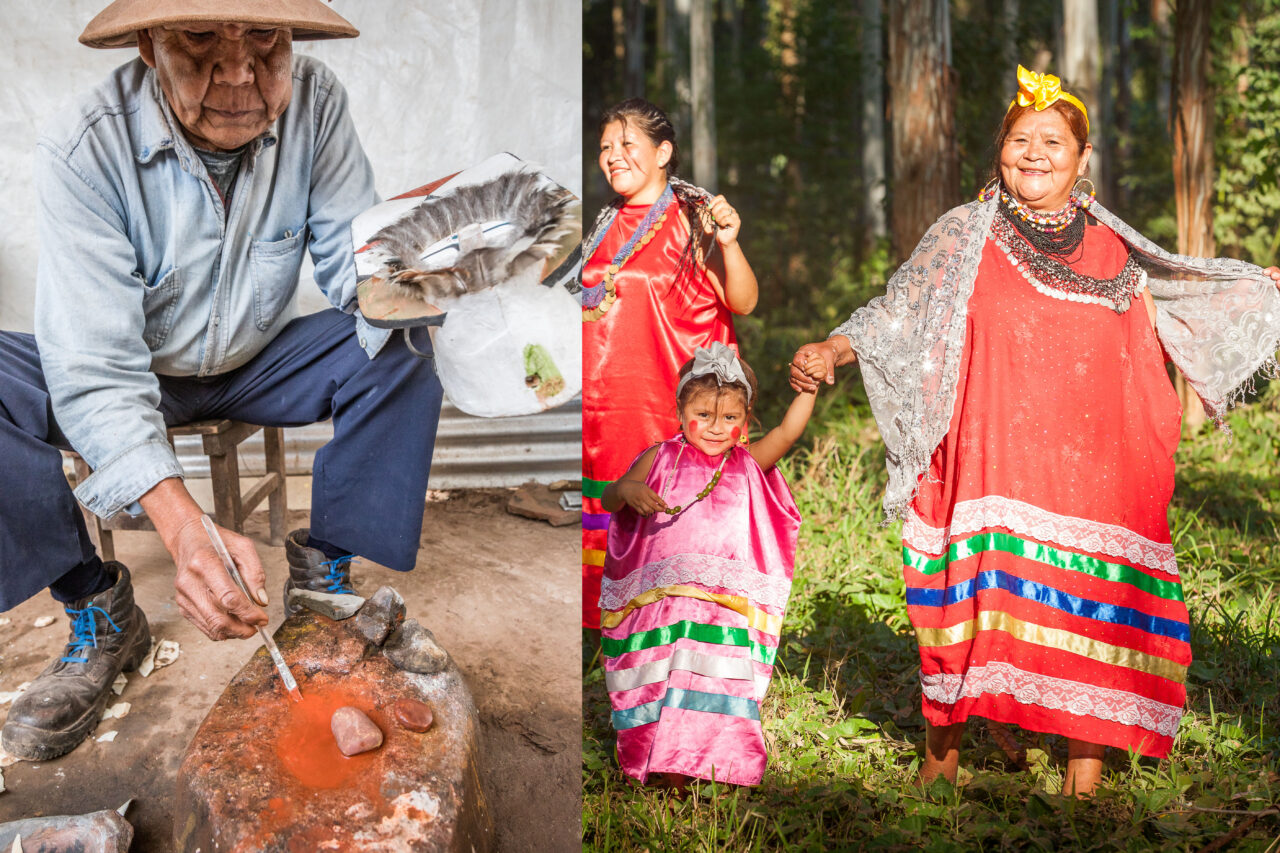 Descendientes de los Pueblos de la Región Chaqueña: Pintando una mascara y con vestuario de su baile típico