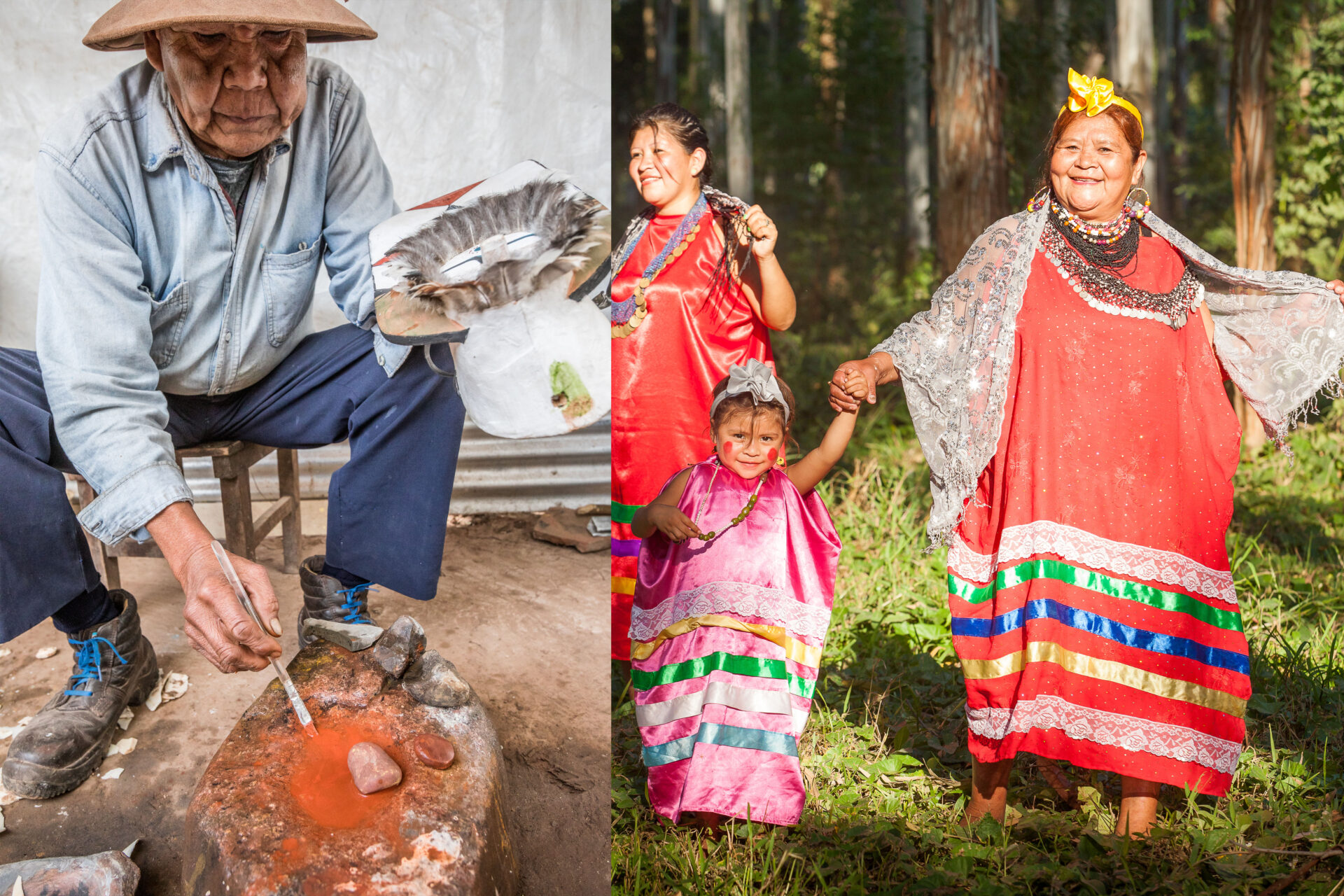 Descendientes de los Pueblos de la Región Chaqueña: Pintando una mascara y con vestuario de su baile típico
