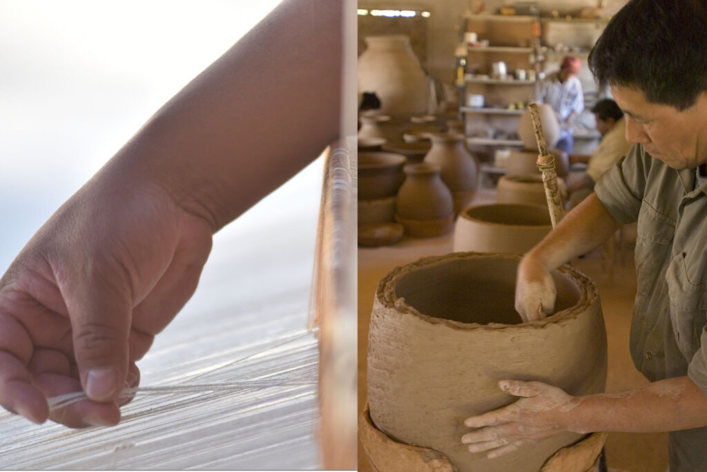 Manos que tejen en telar y manos de alfarero armando una vasija